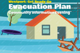 Stylised image of a flooded house with picnic table and trampoline floating past informing Westport residents about an upcoming community information evening about the town's evacuation plan 