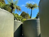 Green plastic water tanks and native bush